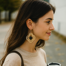 Load image into Gallery viewer, Mother of Pearl Layered Clover Dangle Earrings – Elegant Shine with Modern Charm
