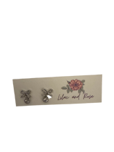 Load image into Gallery viewer, CZ drop bow earrings dainty sparkle Lilac and Rose