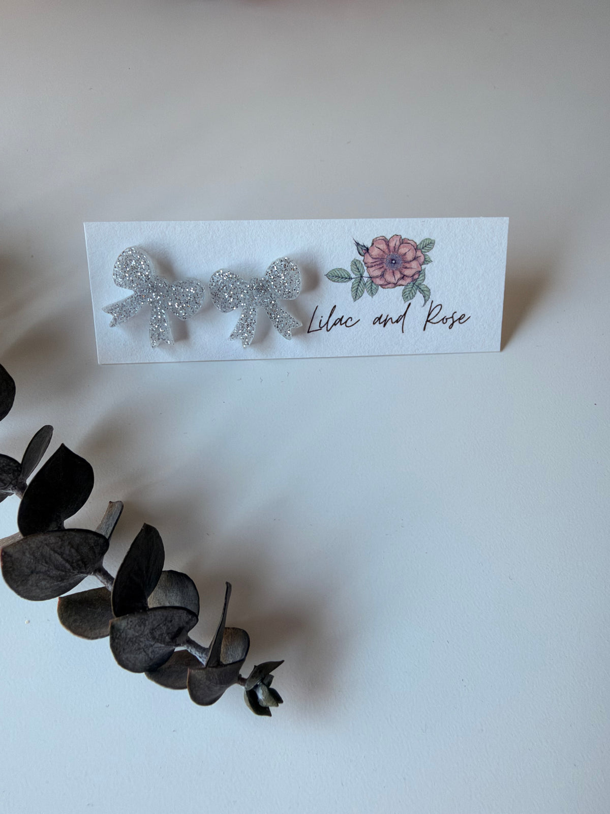 White Glitter Bow Stud Earrings
