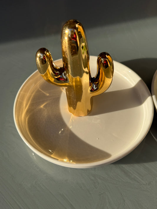 ✨ Ceramic Gold Cactus Ring and Jewelry Dish