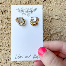 Load image into Gallery viewer, two-tone criss cross huggie earrings silver gold Lilac and Rose