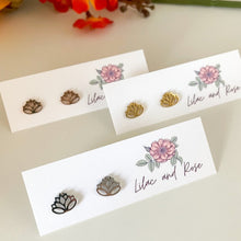 Load image into Gallery viewer, Lotus studs in Lilac and Rose packaging