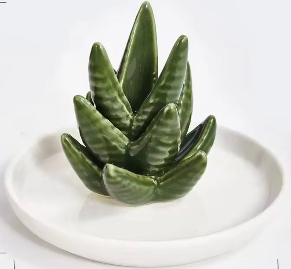 ✨ Ceramic Green Aloe Cactus Ring and Jewelry Dish