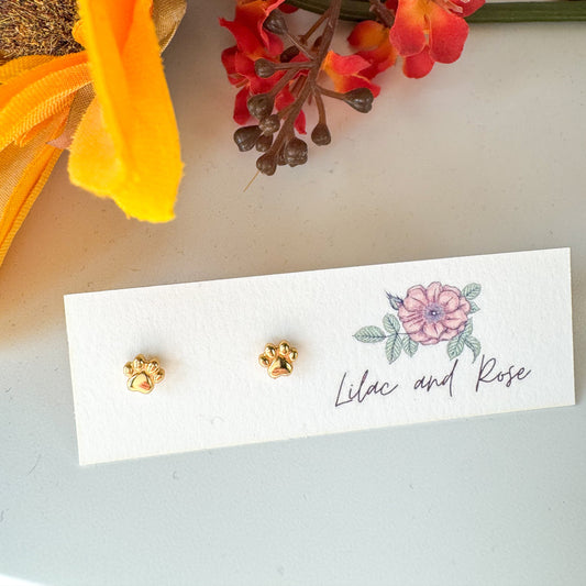 mini gold paw print stud earrings Lilac and Rose pet lover jewelry