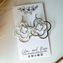 Load image into Gallery viewer, Mother of Pearl Layered Clover Dangle Earrings – Elegant Shine with Modern Charm