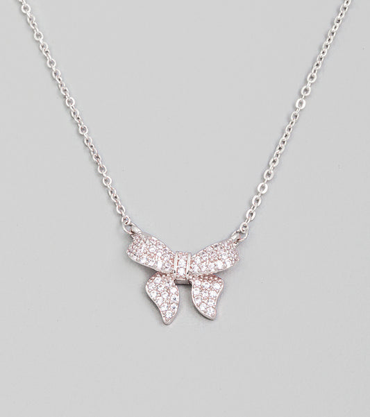 Pave Bow Ribbon Charm Necklace