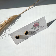 Load image into Gallery viewer, black heart stud earrings with gold trim dainty Lilac and Rose