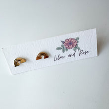Load image into Gallery viewer, gold rainbow earrings on a card with 'Lilac and Rose' branding on a white background