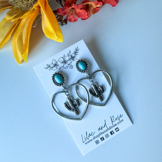 turquoise stone heart cactus earrings western style Lilac and Rose