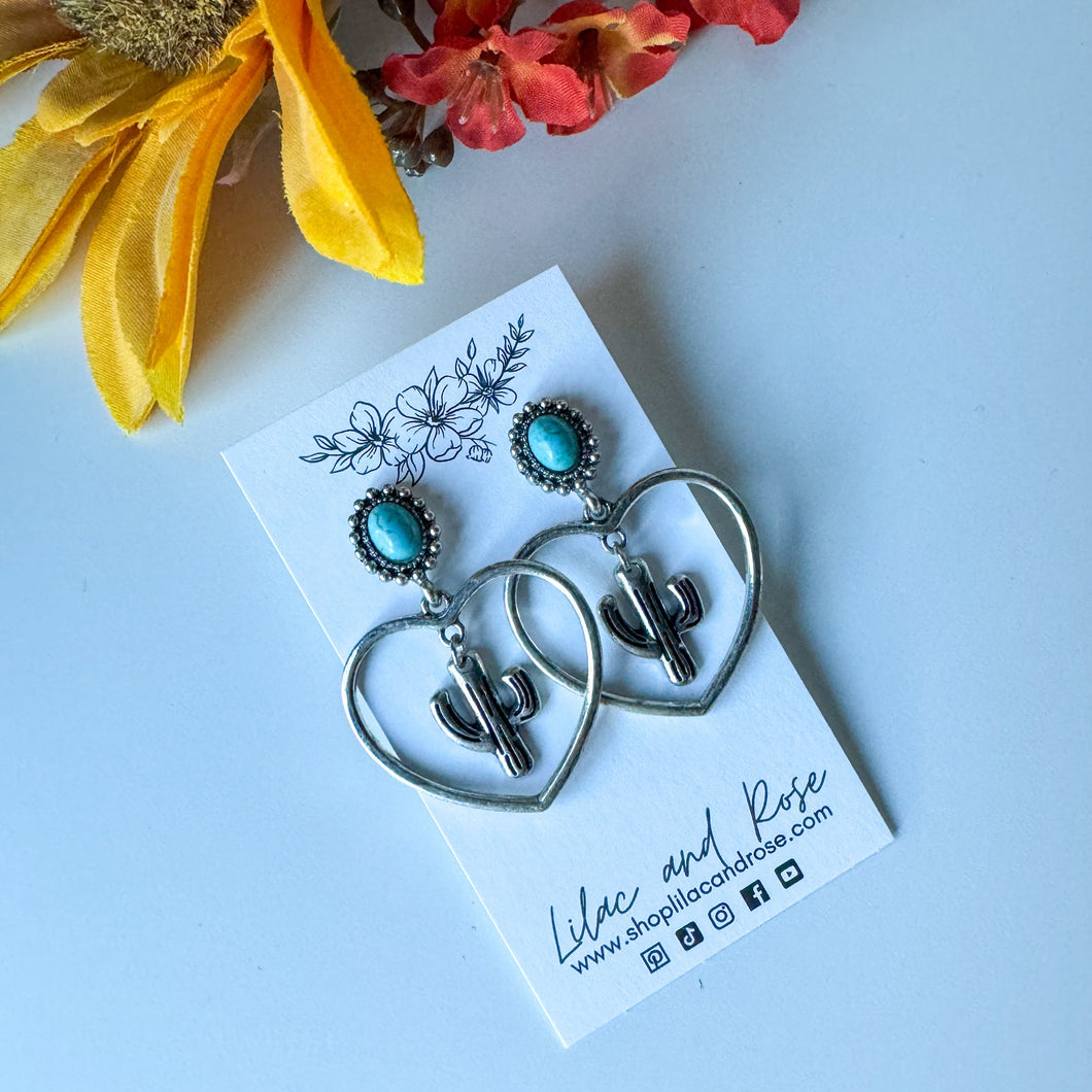 Turquoise Stone Heart Cactus Earrings