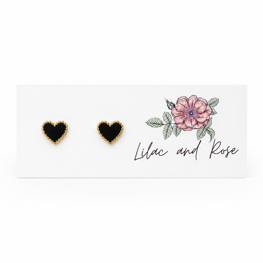 ✨ Black Heart with Gold Trim Stud Earrings – Edgy Elegance in a Polished Mini Heart
