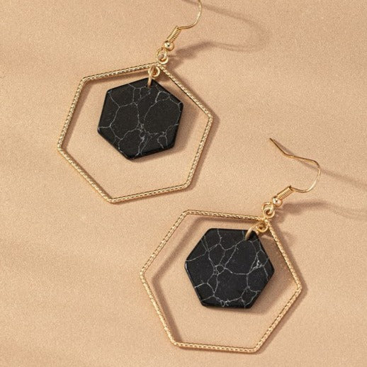 Hexagon hoop and stone drop earrings