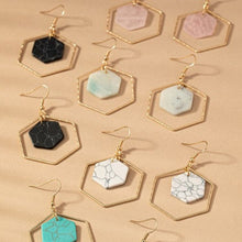 Load image into Gallery viewer, Hexagon hoop and stone drop earrings
