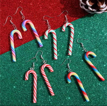 colorful candy cane clay earrings handmade holiday jewelry