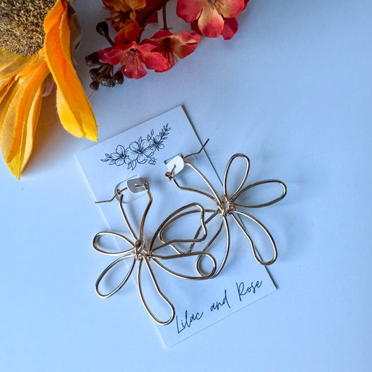 abstract wired flower earrings gold