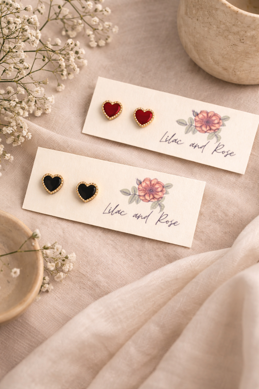 ✨ Black Heart with Gold Trim Stud Earrings – Edgy Elegance in a Polished Mini Heart