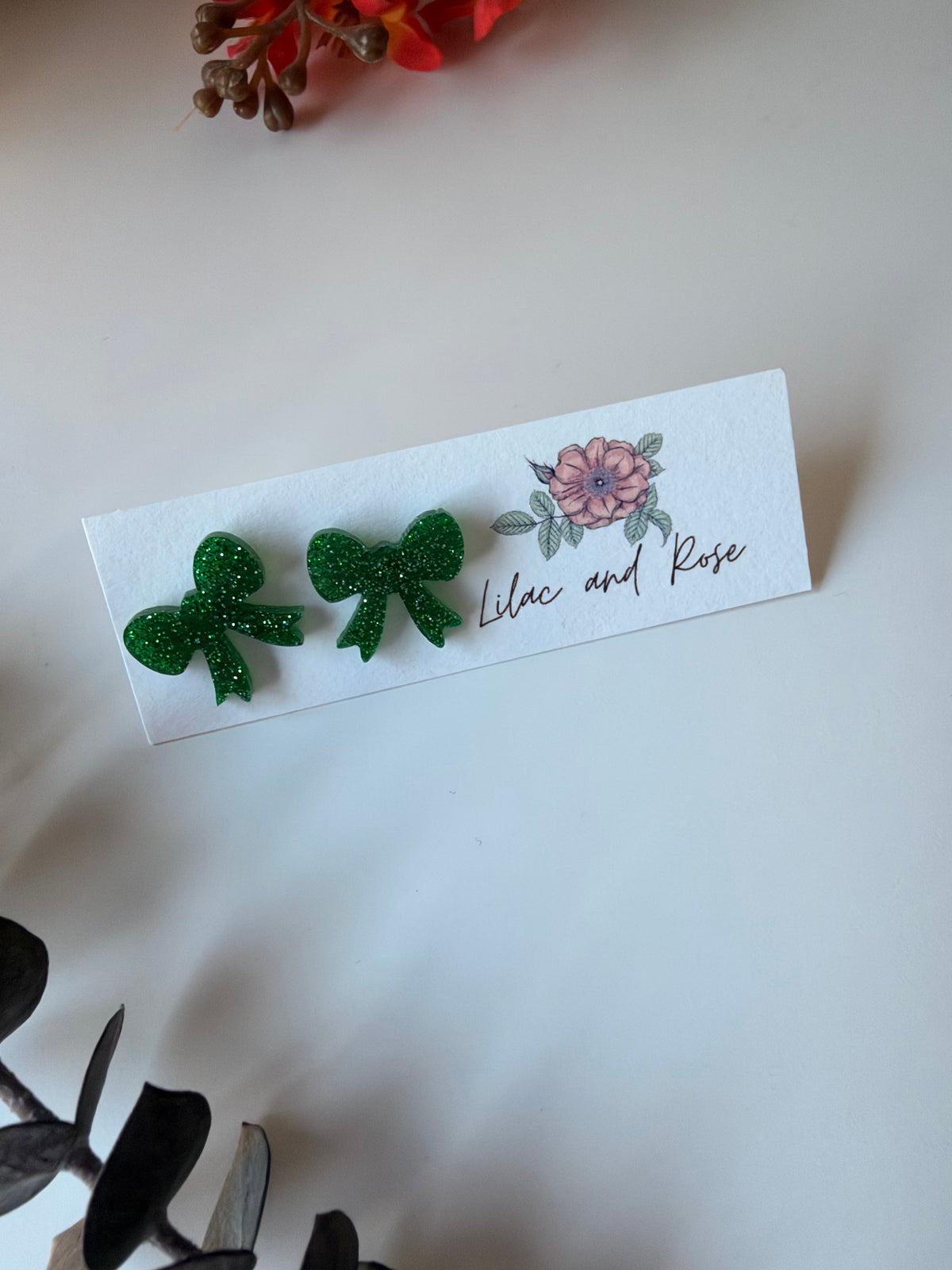 Green Glitter Bow Stud Earrings