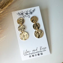 Load image into Gallery viewer, Triple Metallic Textured Coin Dangle Earrings
