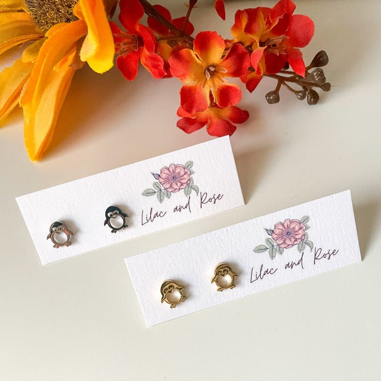 silver and gold penguin earrings for kids and adults