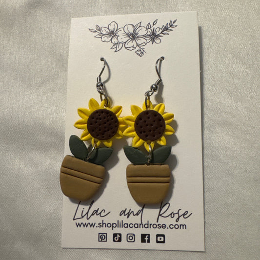 potted sunflower clay earrings handmade Lilac and Rose