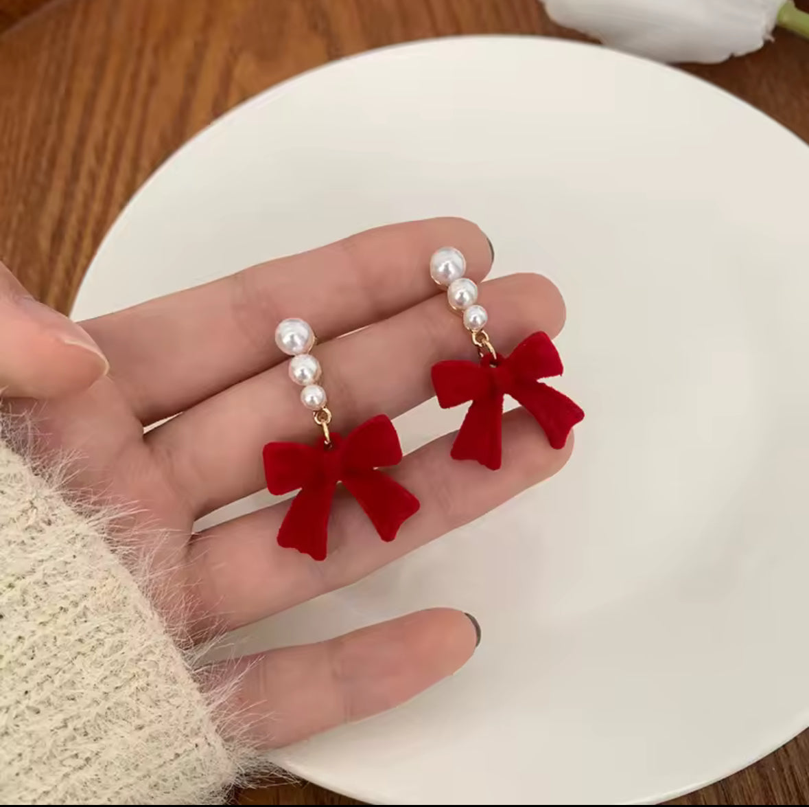 red bow earrings pearl accent lightweight jewelry