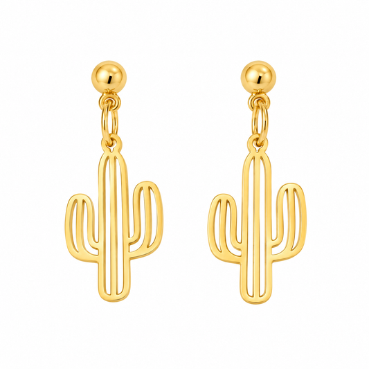 ✨ Gold Cactus Line Art Earrings – Minimal Desert Design with Modern Shine
