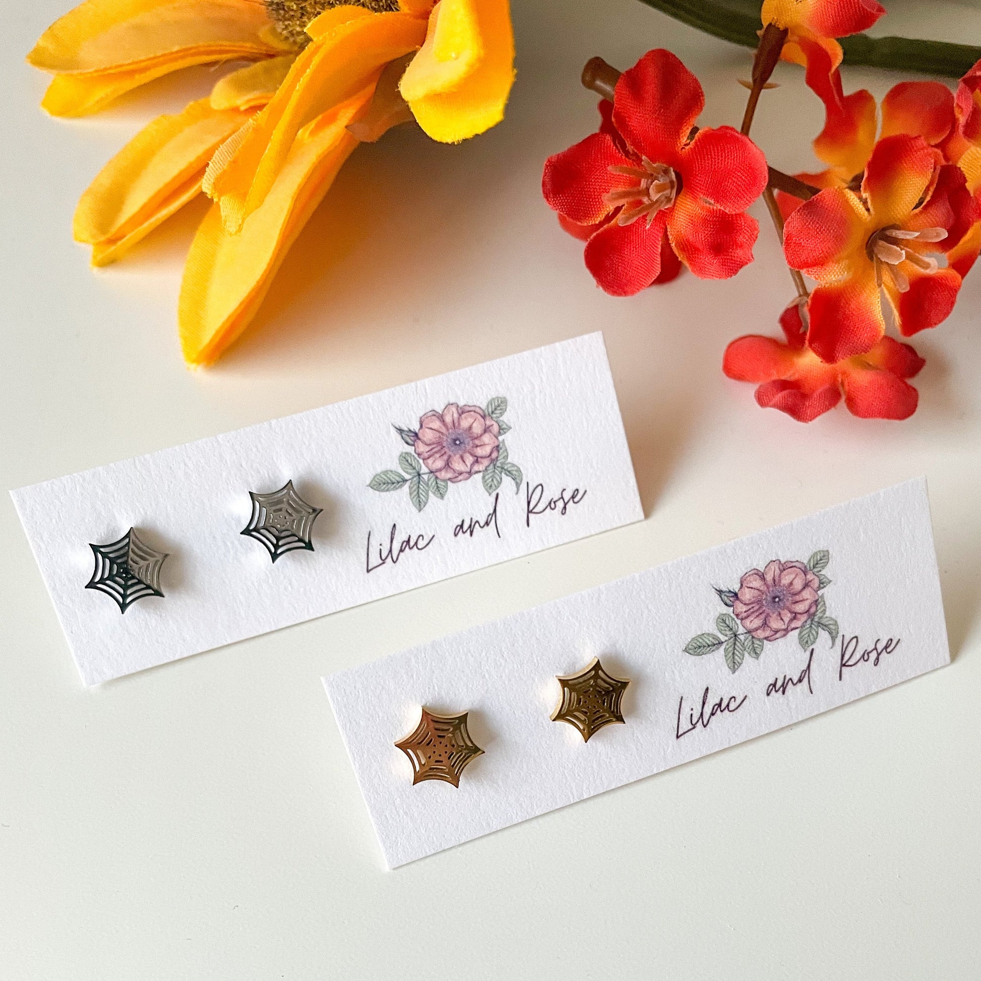 spider web stud earrings Halloween jewelry Lilac and Rose