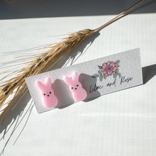 Load image into Gallery viewer, acrylic bunny stud earrings pastel spring Lilac and Rose
