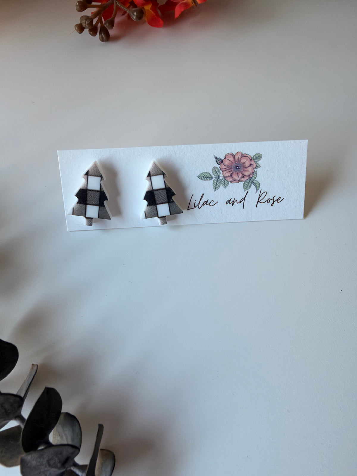 Black Plaid Christmas Tree Stud Earrings