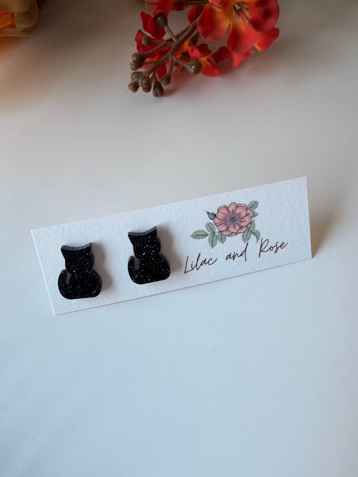 Glittery Black Cat Stud Earrings