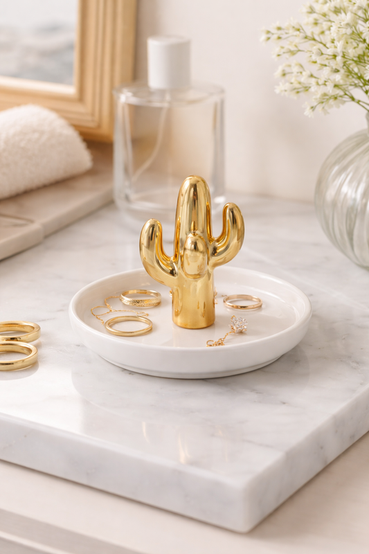 ✨ Ceramic Gold Cactus Ring and Jewelry Dish