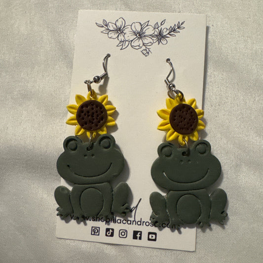 cottagecore earrings frog in flower polymer clay