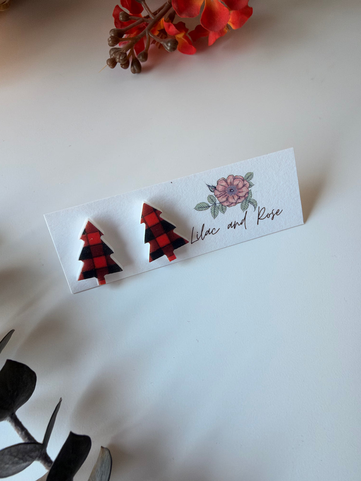 Red Plaid Christmas Tree Stud Earrings