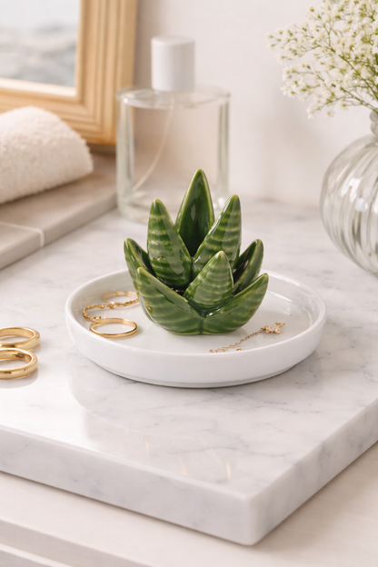 ✨ Ceramic Green Aloe Cactus Ring and Jewelry Dish