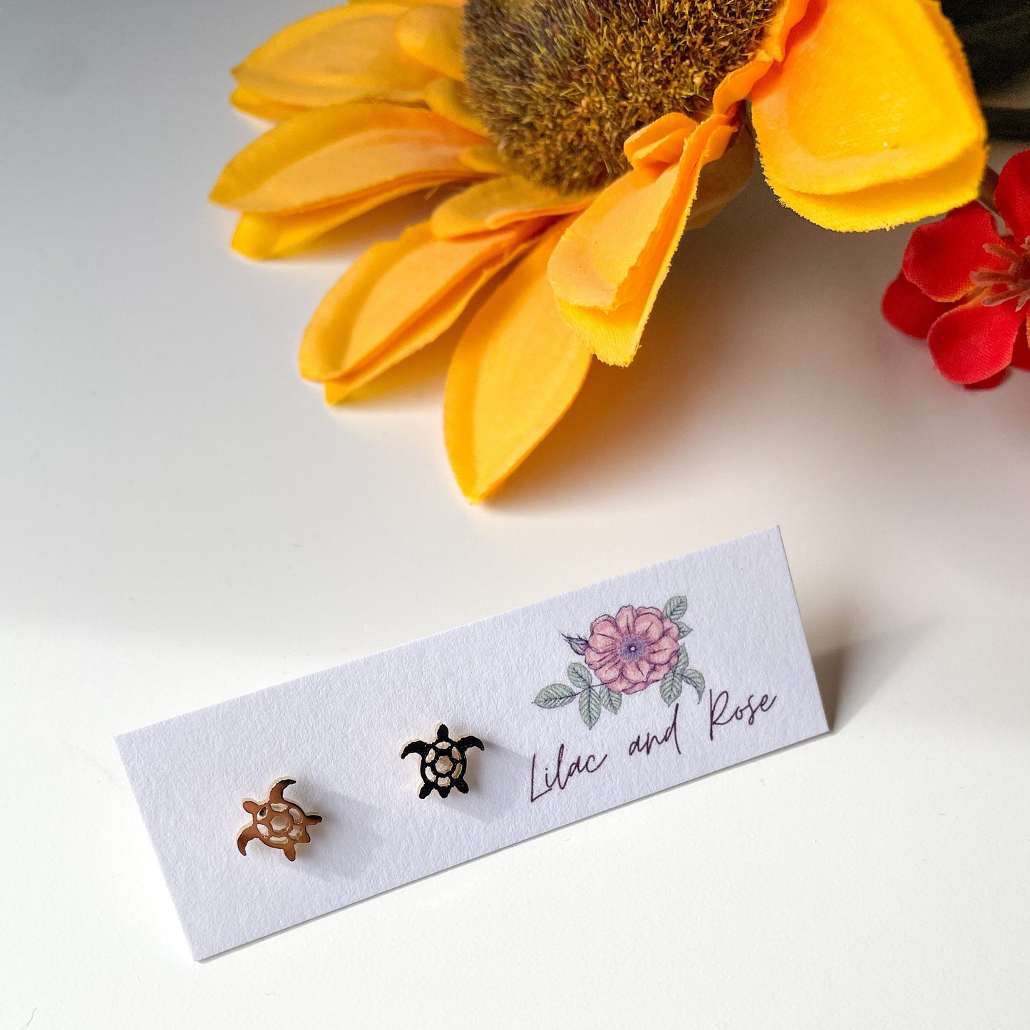 turtle stud earrings dainty gold Lilac and Rose