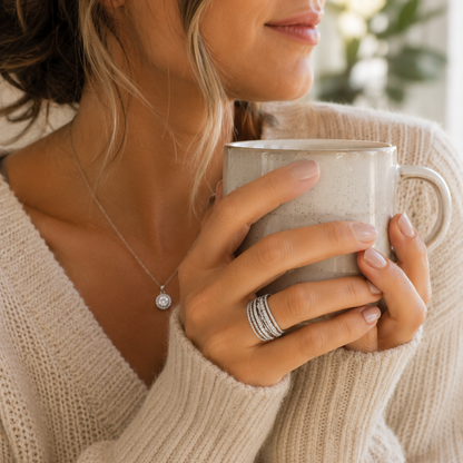 A close-up lifestyle shot of a woman in a beige knit sweater holding a ceramic mug, wearing a delicate silver necklace with a round clear stone and stacked silver rings on one finger.