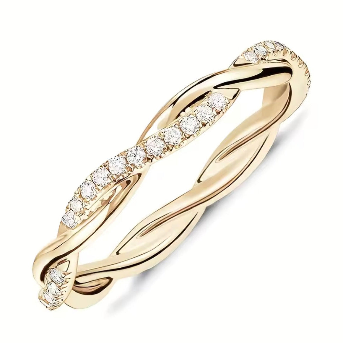 Gold ring with diamond accents on a white background