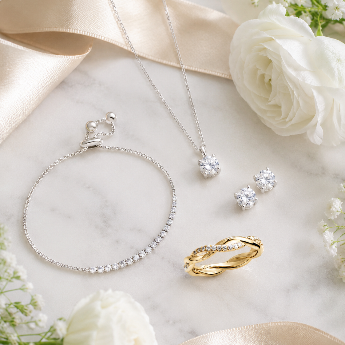 A styled flat-lay of silver jewelry including a necklace, bracelet, and stud earrings, alongside a gold ring, arranged on a white marble surface with white roses and cream satin ribbons.