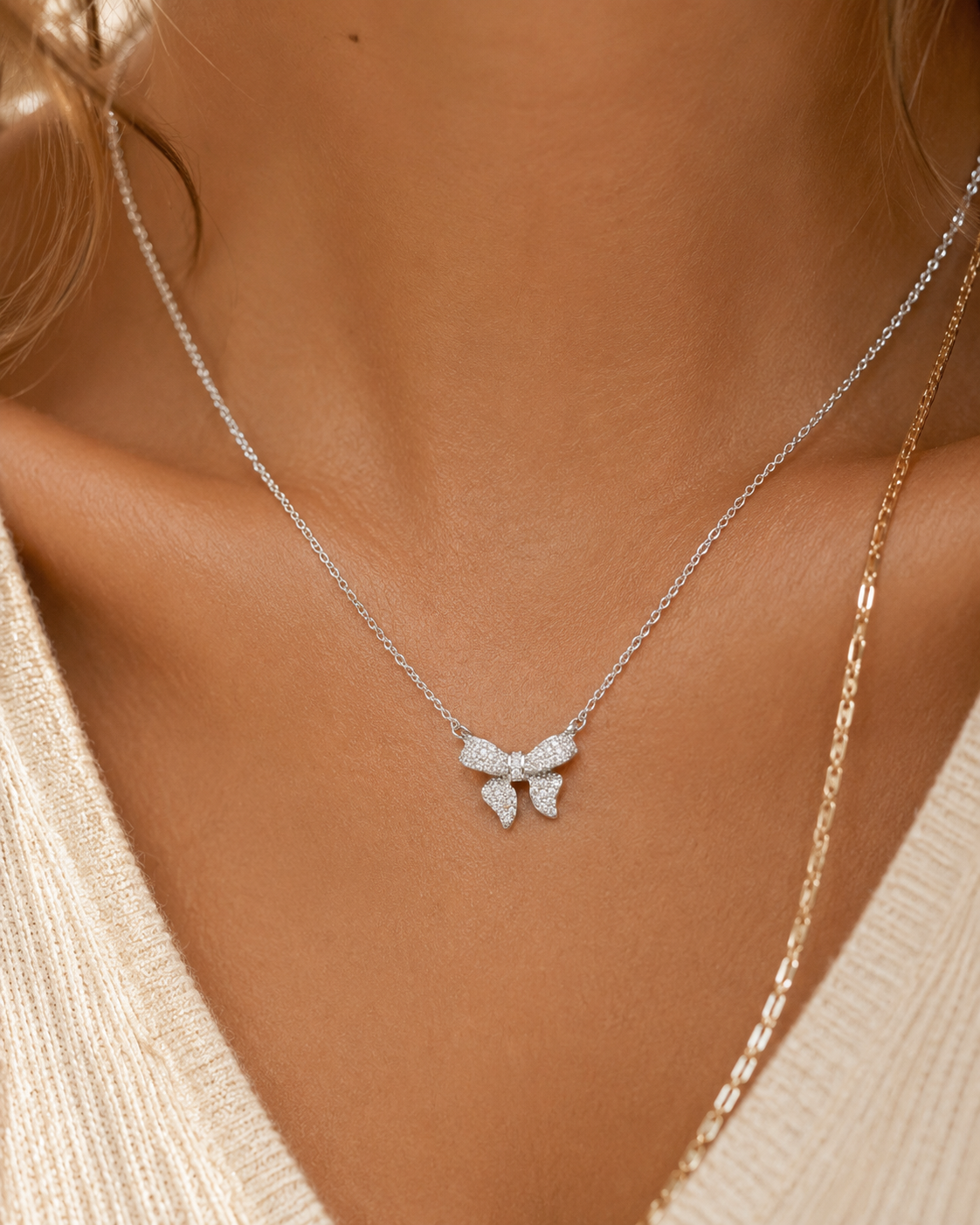 Pave Bow Ribbon Charm Necklace