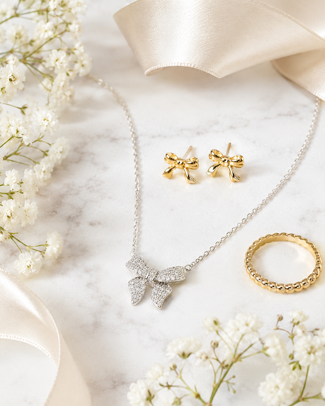Pave Bow Ribbon Charm Necklace