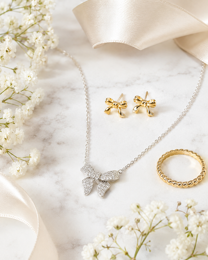 Pave Bow Ribbon Charm Necklace