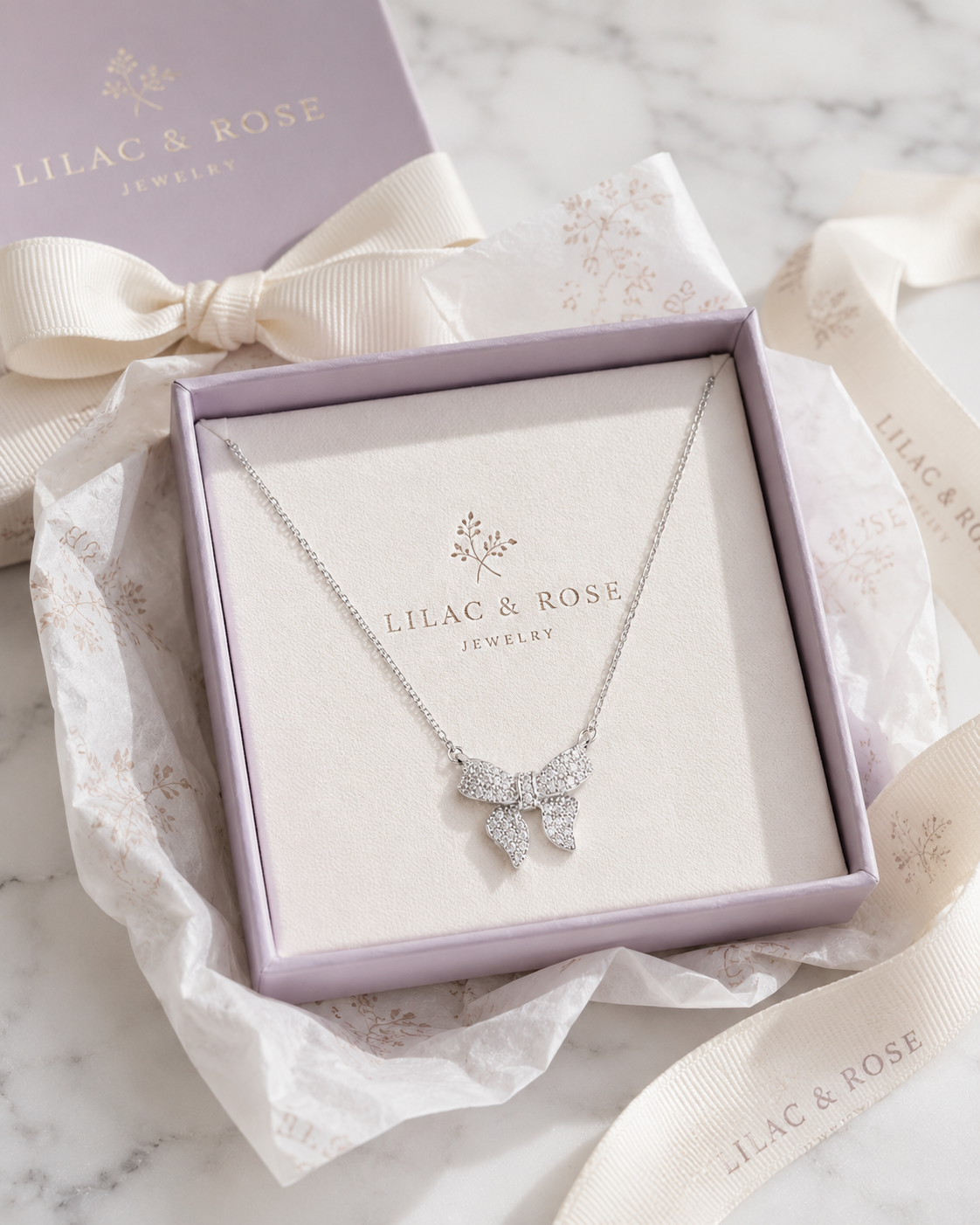 Pave Bow Ribbon Charm Necklace