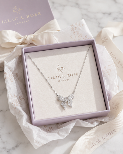 Pave Bow Ribbon Charm Necklace