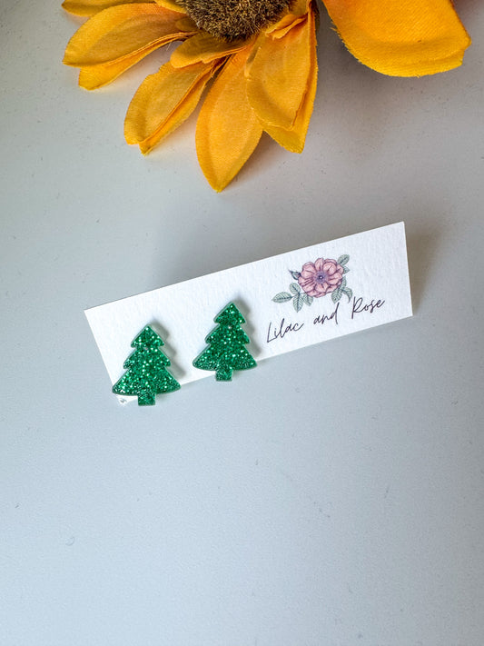 ✅ Green Glitter Christmas Tree Stud Earrings