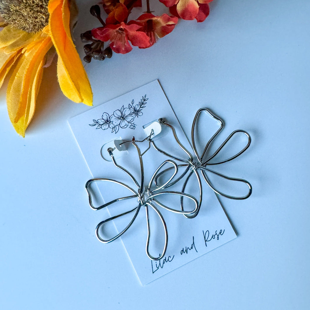 abstract wired flower earrings silver