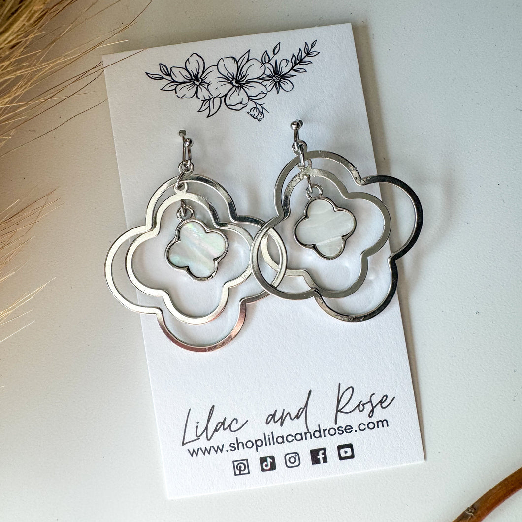 Mother of Pearl Layered Clover Dangle Earrings – Elegant Shine with Modern Charm