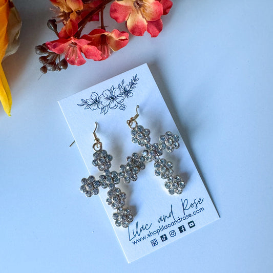 ✅ Rhinestone Floral Cross Earrings