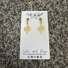 Load image into Gallery viewer, minimal cactus outline earrings gold tone jewelry

