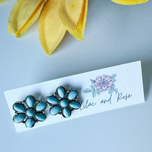 turquoise floral statement stud earrings