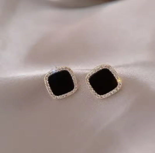 black square CZ stud earrings minimalist hypoallergenic